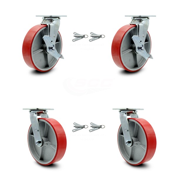 Service Caster 8 Inch Red Poly on Cast Iron Caster Set with Ball Bearings 4 Swivel Lock 2 Brake SCC-30CS820-PUB-RS-TLB-BSL-2-BSL-2 - main